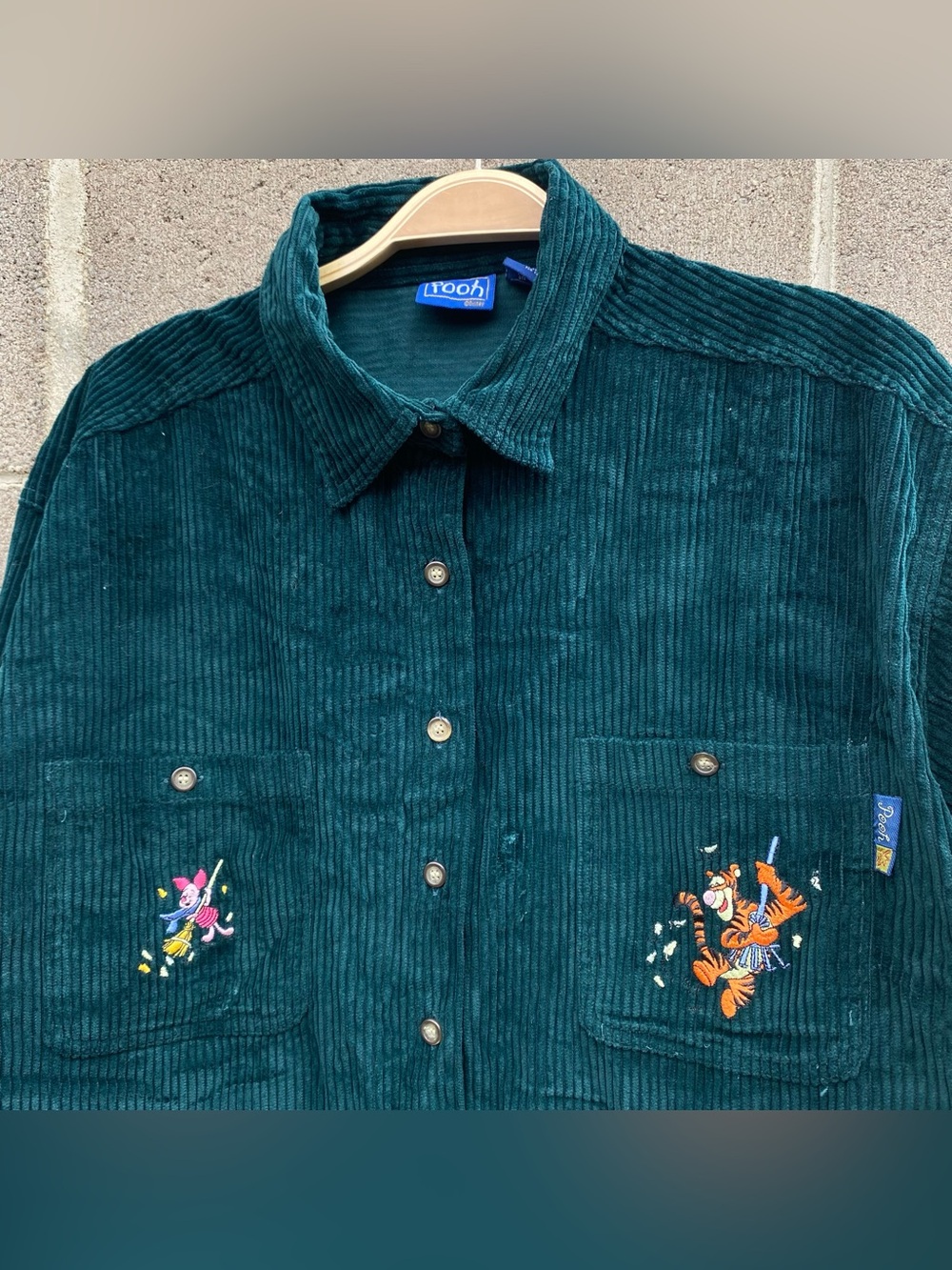Vintage 90s DISNEY Winnie The Pooh Piglet Tigger Green Corduroy Shirt Large